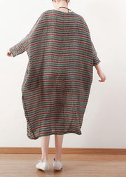 Bohemian o neck Batwing Sleeve linen dress pattern green striped  Dress - SooLinen