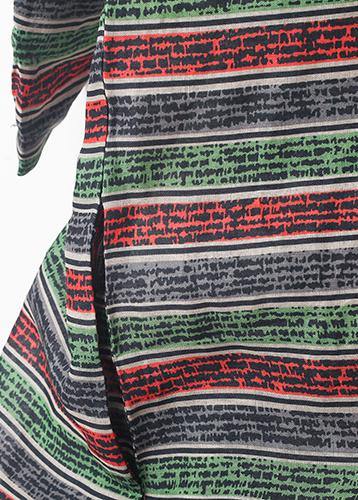 Bohemian o neck Batwing Sleeve linen dress pattern green striped  Dress - SooLinen