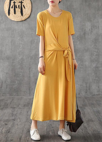 Bohemian o neck Bow cotton dress yellow Traveling Dresses summer - SooLinen
