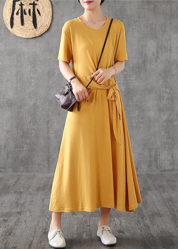 Bohemian o neck Bow cotton dress yellow Traveling Dresses summer - SooLinen