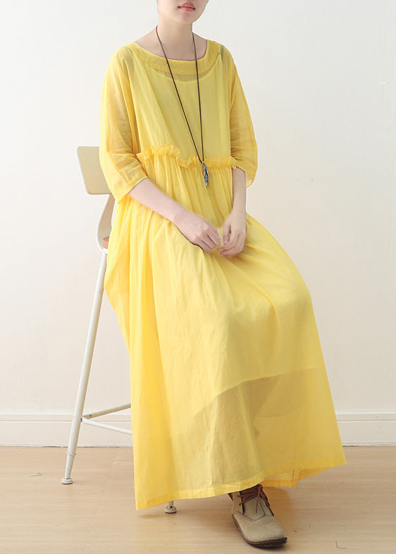 Bohemian O-Ausschnitt Baumwollkleider mit halben Ärmeln Stiche Modeideen gelb Kunstkleid Frühling