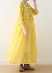 Bohemian O-Ausschnitt Baumwollkleider mit halben Ärmeln Stiche Modeideen gelb Kunstkleid Frühling