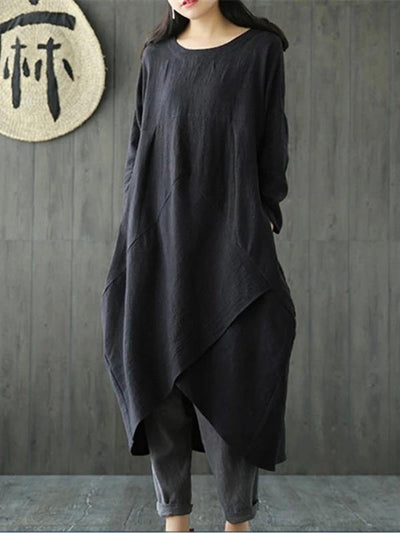 Bohemian o neck asymmetric linen cotton springLong Shirts Catwalk black Dresses - SooLinen