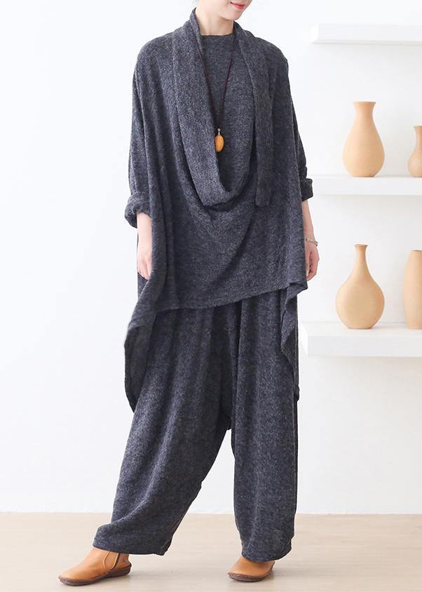 Bohemian o neck asymmetric tunic top Outfits gray shirts - SooLinen