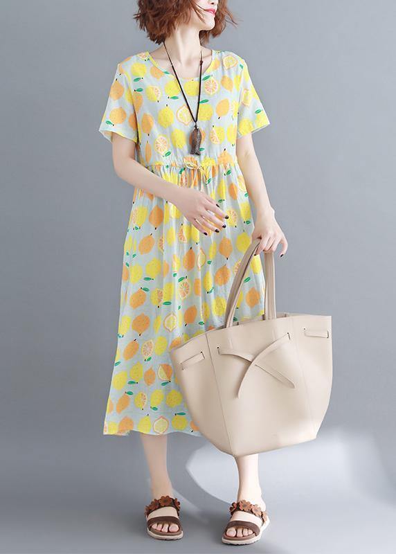 Bohemian o neck drawstring cotton clothes yellow print Traveling Dress summer - SooLinen