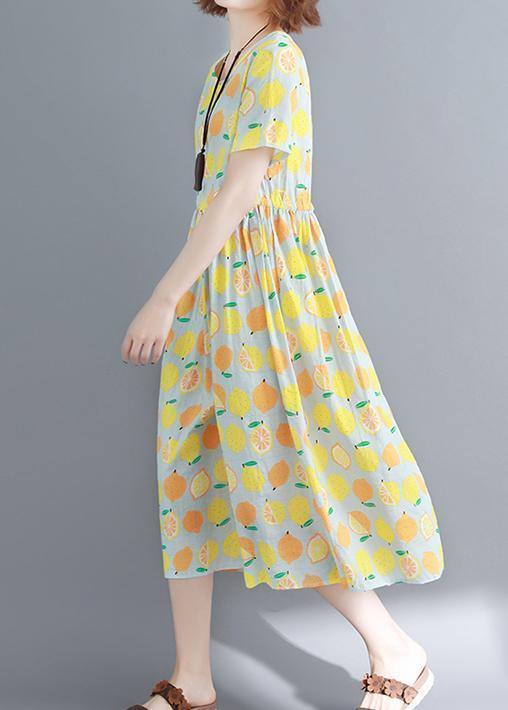 Bohemian o neck drawstring cotton clothes yellow print Traveling Dress summer - SooLinen