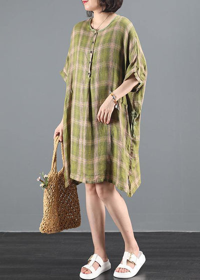 Bohemian o neck drawstring summer clothes Inspiration green plaid Dress - SooLinen