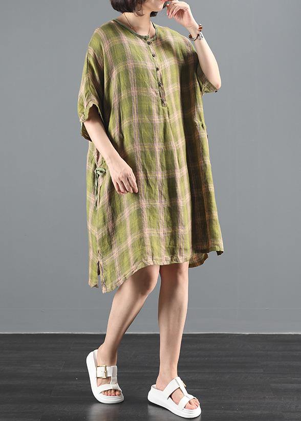Bohemian o neck drawstring summer clothes Inspiration green plaid Dress - SooLinen