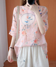 Bohemian o neck half sleeve blouses for women Shirts pink print tops - SooLinen