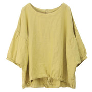 Bohemian o neck lantern sleeve linen box top Shirts yellow shirts - SooLinen