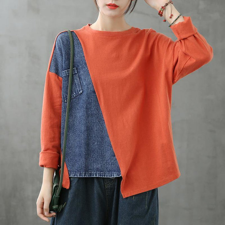 Bohemian o neck patchwork clothes Photography orange tops - SooLinen