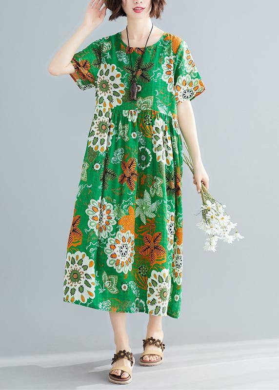 Bohemian o neck patchwork cotton green print Plus Size Dresses summer - SooLinen