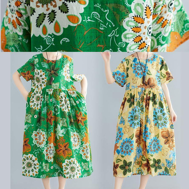 Bohemian o neck patchwork cotton green print Plus Size Dresses summer - SooLinen