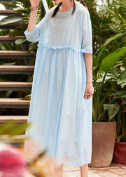 Bohemian o neck patchwork linen cotton clothes Catwalk light blue Dress summer - SooLinen