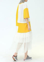 Bohemian o neck patchwork tulle cotton dress yellow print long Dresses summer - SooLinen