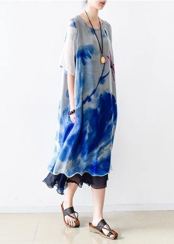 Bohemian o neck pockets chiffon Long Shirts Indian Sleeve blue print Dress Summer - SooLinen