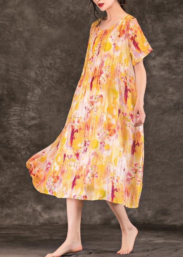 Bohemian o neck pockets linen clothes For Women Tutorials yellow print Dress summer - SooLinen