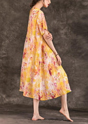 Bohemian o neck pockets linen clothes For Women Tutorials yellow print Dress summer - SooLinen