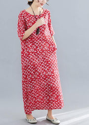 Bohemian o neck pockets linen cotton clothes Tutorials red print Dresses summer - SooLinen