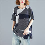 Bohemian o neck side open cotton linen tops women plus size Work striped Midi top