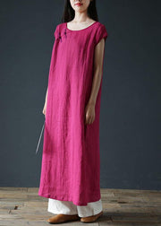 Bohemian o neck side open linen summer clothes For Women Work Outfits rose Dresses - SooLinen