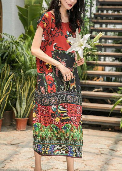 Bohemian o neck side open silk dress pattern multicolor Dress summer - SooLinen