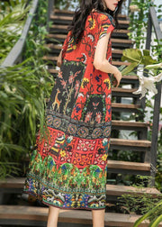 Bohemian o neck side open silk dress pattern multicolor Dress summer - SooLinen
