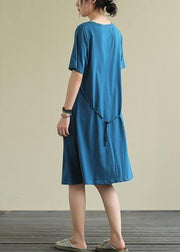 Bohemian o neck Cinched Cotton summer dress Sewing blue Dresses - SooLinen