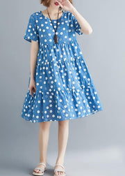 Bohemian o neck Cinched cotton linen blue print Dresses summer - SooLinen