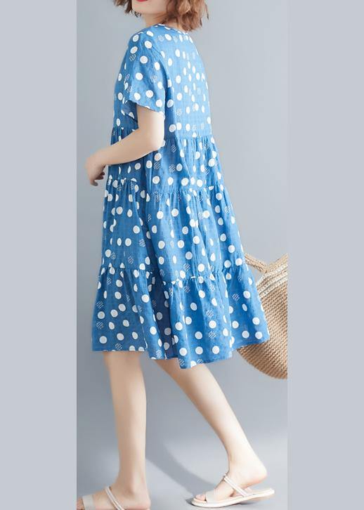 Bohemian o neck Cinched cotton linen blue print Dresses summer - SooLinen
