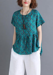 Sold Out-Bohemian o neck Cinched cotton shirts Wardrobes green print blouse summer - SooLinen