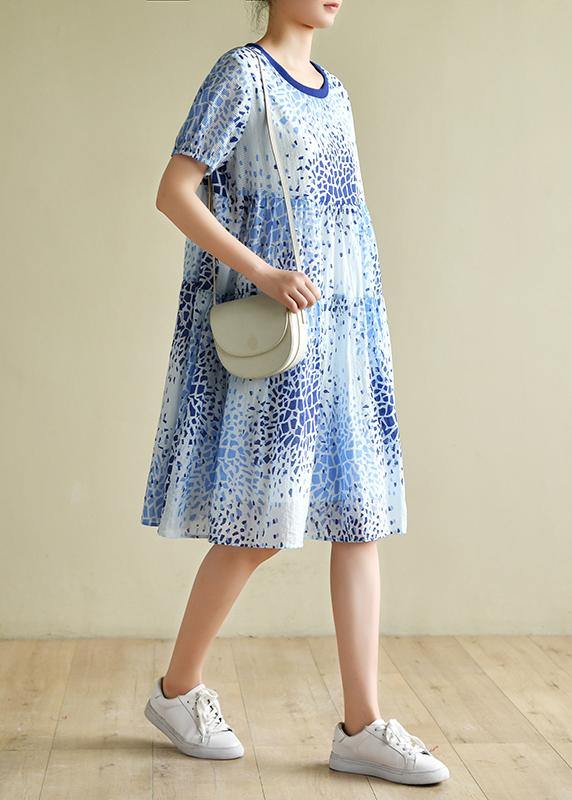 Bohemian o neck Cinched summer Tunics Fashion Ideas blue print Dresses - SooLinen