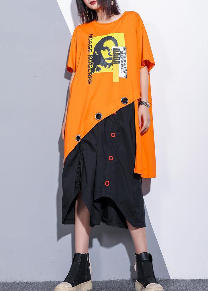 Sold-Out Bohemian orange cotton clothes o neck asymmetric oversized summer top - SooLinen