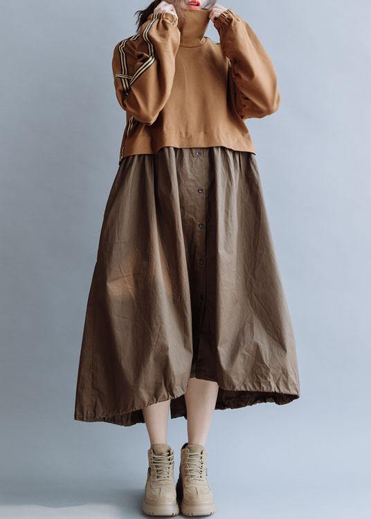 Bohemian patchwork high neck cotton clothes Women Work Outfits brown Traveling Dresses fall - SooLinen