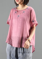 Bohemian pink embroidery tops Work Outfits o neck shirts - SooLinen