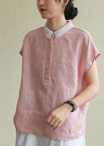 Bohemian pink linen clothes lapel side open short top - SooLinen