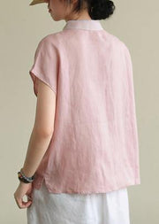 Bohemian pink linen clothes lapel side open short top - SooLinen