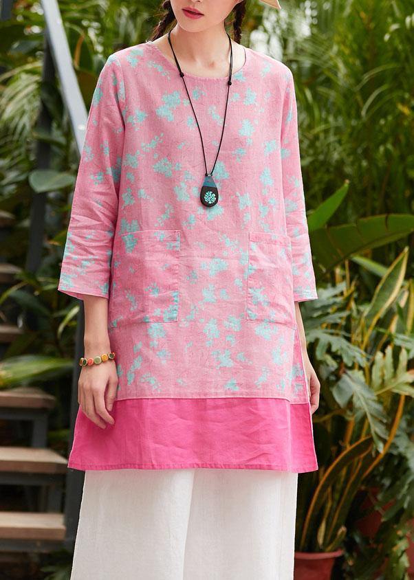 Bohemian pink print linen clothes For Women o neck pockets daily summer Dress - SooLinen