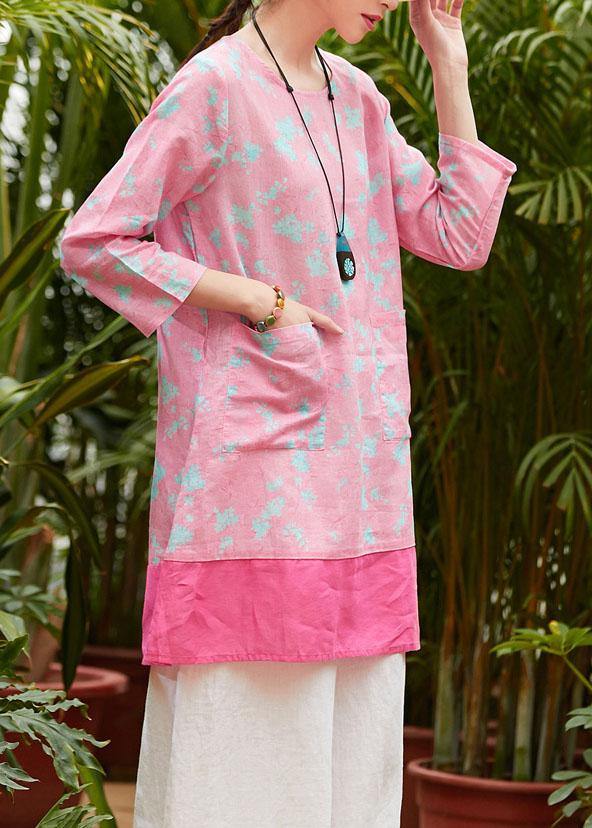 Bohemian pink print linen clothes For Women o neck pockets daily summer Dress - SooLinen