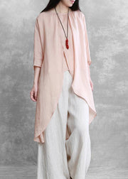 Bohemian pink tops women o neck asymmetric short blouses - SooLinen