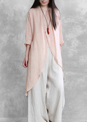 Bohemian pink tops women o neck asymmetric short blouses - SooLinen
