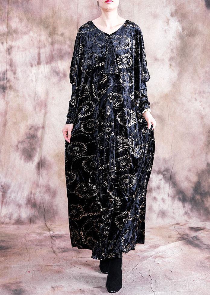 Bohemian prints velour dresses Work black v neck Kaftan Dress fall - SooLinen