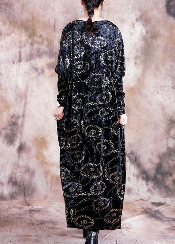 Bohemian prints velour dresses Work black v neck Kaftan Dress fall - SooLinen