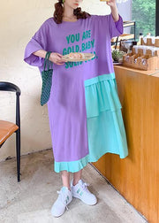 Bohemian purple Letter quilting clothes o neck patchwork loose Dresses - SooLinen