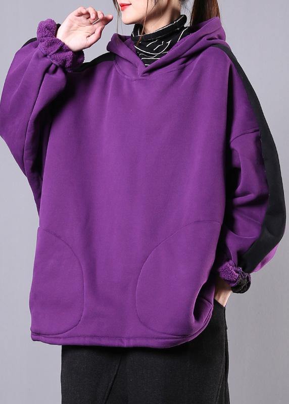 Bohemian purple cotton top hooded patchwork short fall shirts - SooLinen