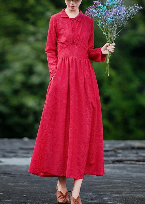 Bohemian red Jacquard clothes For Women lapel patchwork Dresses spring Dresses - SooLinen