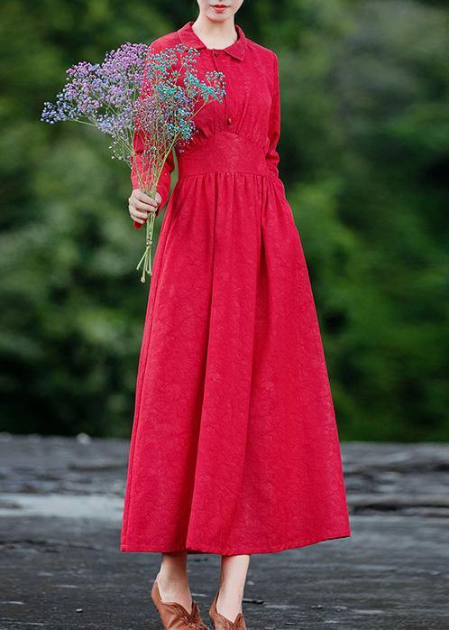 Bohemian red Jacquard clothes For Women lapel patchwork Dresses spring Dresses - SooLinen