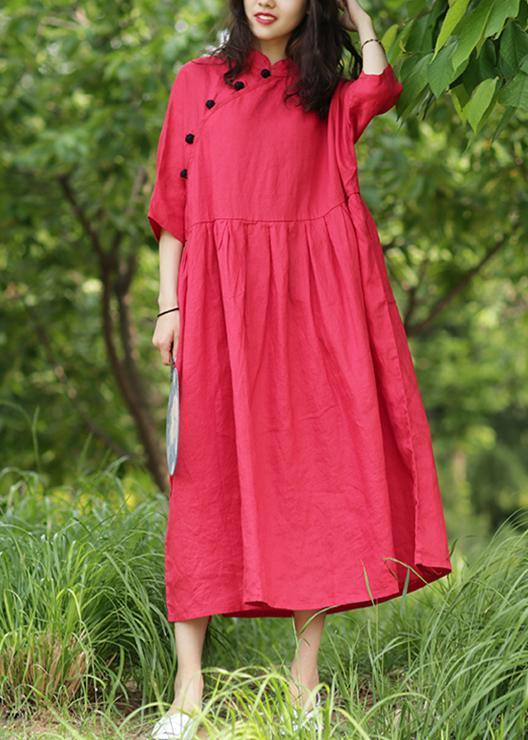 Bohemian red cotton Tunics stand collar Cinched A Line Dresses - SooLinen