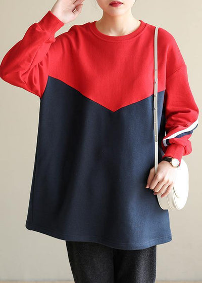 Bohemian red cotton tunic top patchwork box o neck blouse - SooLinen