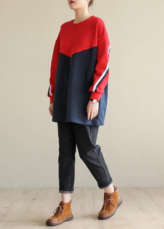 Bohemian red cotton tunic top patchwork box o neck blouse - SooLinen